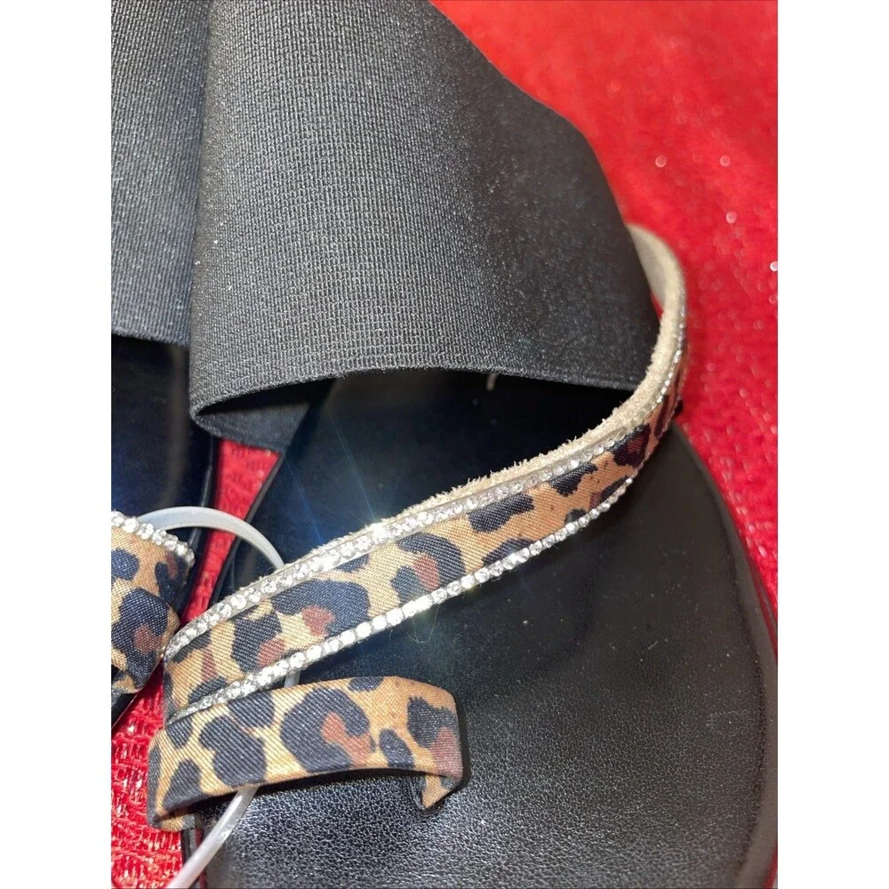 Toscanella Women's Black Brown Animal Print Rhinestone Thong Sandals Slip-On 7